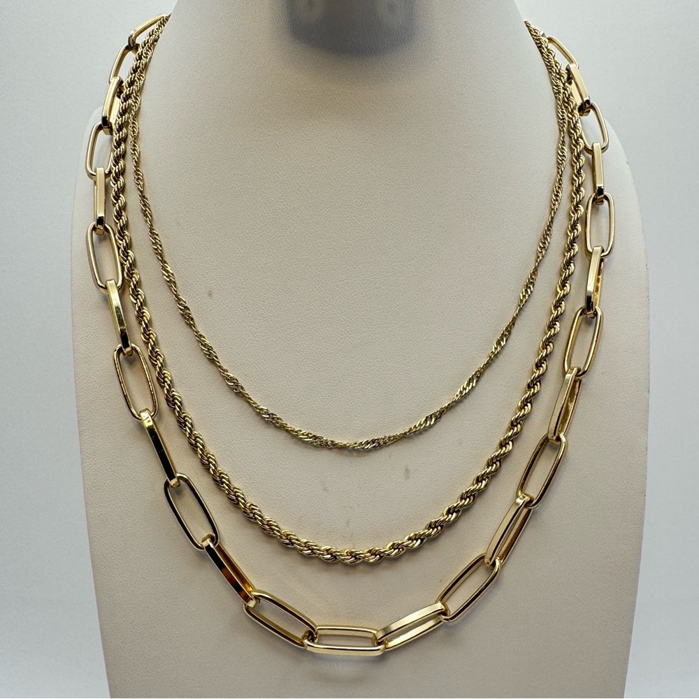 Gold Tone Layered Chain Necklace Paperclip Rope Chains Classic Chic 16–19.5”